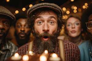 Man blowing out birthday candles wit, a Photo by Pixeness Studio