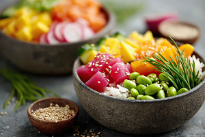 Colorful vegan poke bowl with rice and mango served in a rustic bowl, a Food & Drink Photo by AlyaAnd