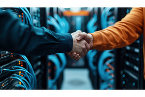 Two people shaking hands in a server, a Technology Photo by Sergey Kotenev