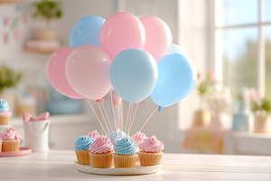 Celebration display of cupcakes with pink and blue balloons in a bright kitchen, a Photo by AlyaAnd