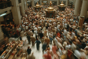 Busy stock exchange trading floor crowded with traders and investors around tic, a Photo by AS photostudio
