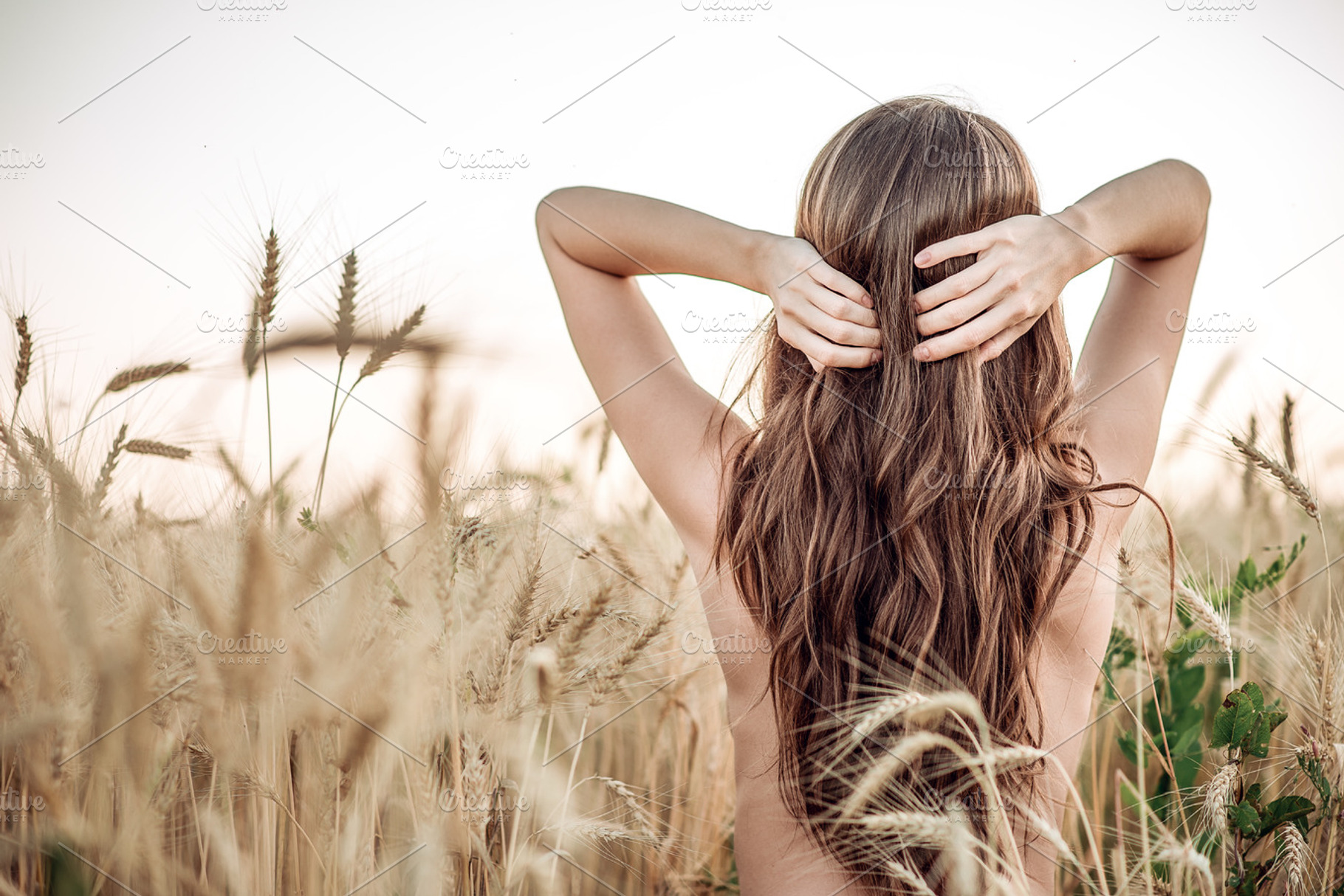 A girl in the field adjusts her hair a naked torso a brunette woman with long, a Beauty & Fashion Photo by byswat