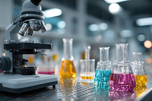 Microscope and colorful liquids in l, a Photo by Pixeness Studio