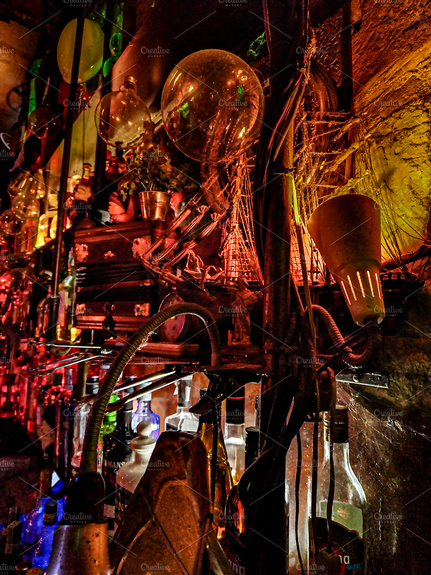 Colorful bar interior with neon lights and bottles, a Food & Drink Photo by DanFLCreativo