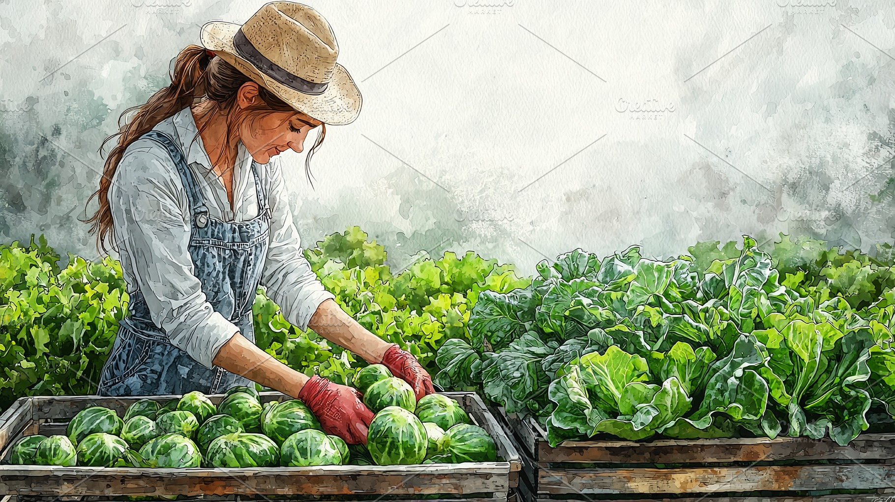 Female farmer arranging fresh vegetables in wooden crates in a green field, a Photo by AS photostudio
