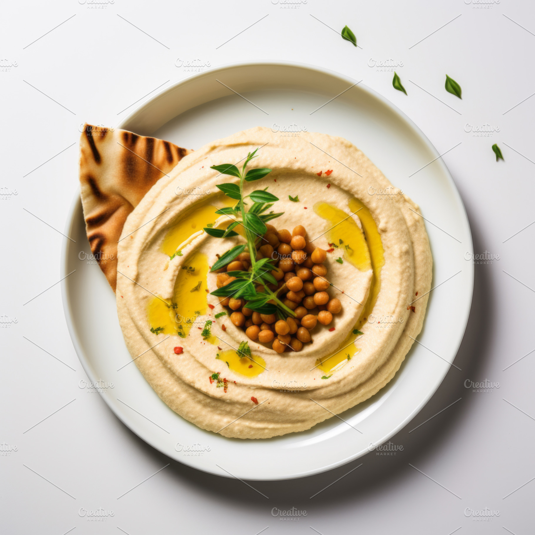 Classic hummus with herbs, olive oil in a vintage ceramic bowl flat lay, a Food & Drink Photo by Natalia Klenova's Shop
