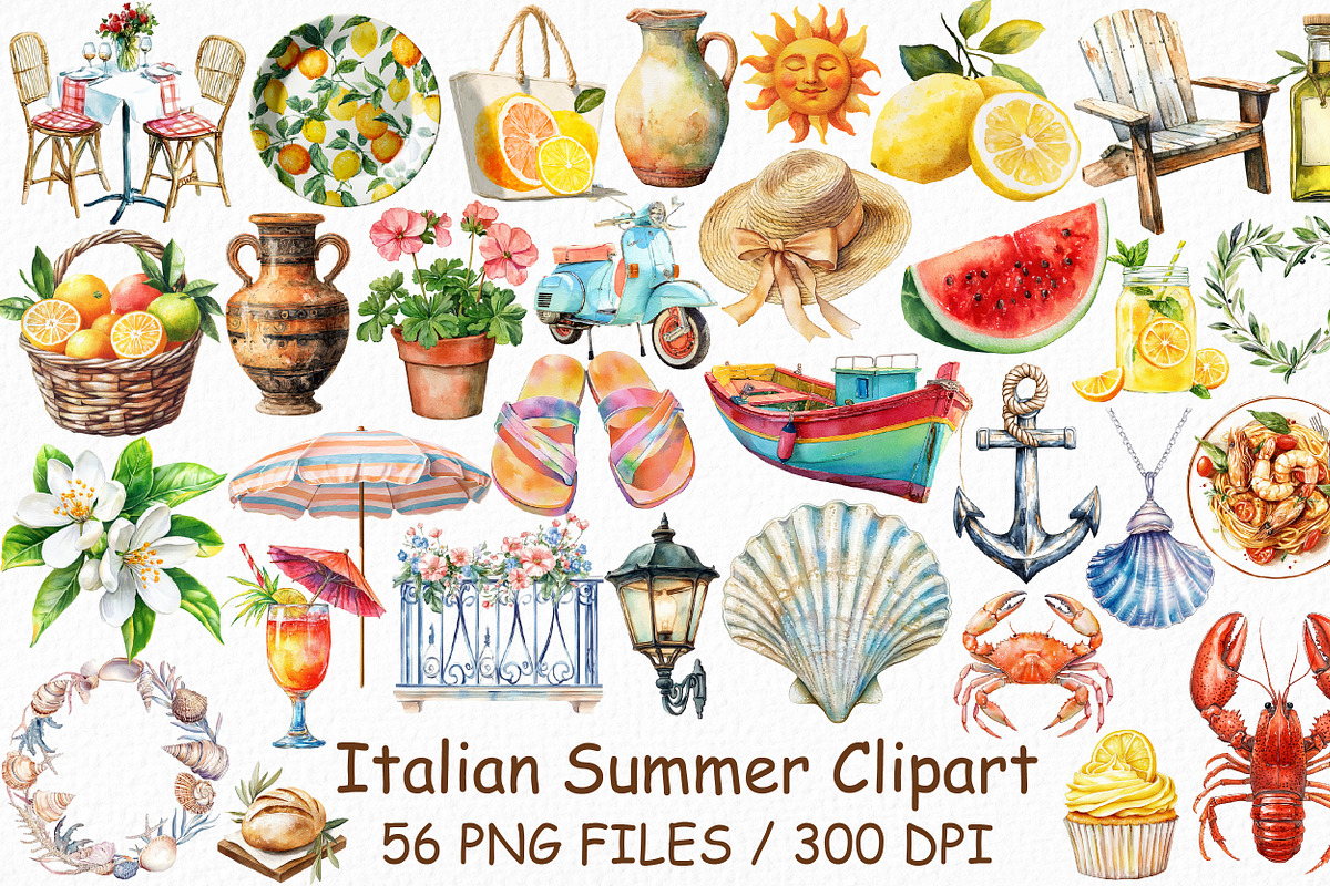 Watercolor Italian Summer Clipart, an Illustration by Design Market (Photo 1 of 3)