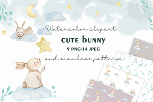 Watercolor Cute Bunny Pattern JPEG