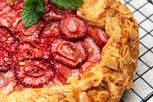 Delicious homemade strawberry galette cooling on a wire rack, a Food & Drink Photo by Olena Rudo