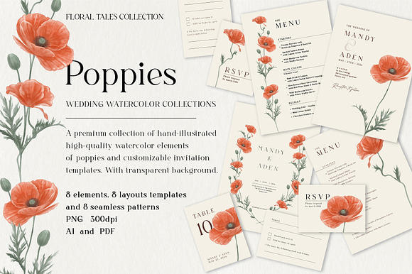 Poppies Watercolor Wedding Set preview 6