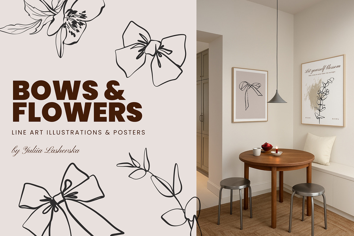 BOWS & FLOWERS line art & posters, a Decorative Illustration by Yuliia Lashevska (Photo 1 of 12)