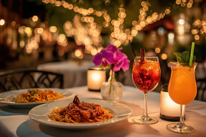Romantic outdoor dinner with pasta a, a Photo by Pixeness Studio