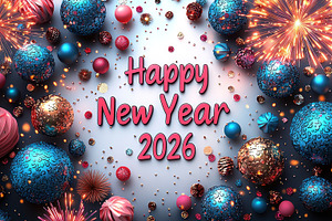 Happy New Year 2026 greeting with colorful festive ornaments, fi, an Abstract Photo by José Manuel Gelpi