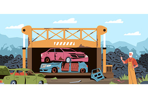 Car dump worker. Man controls press, a Transportation Illustration by YummyBuum