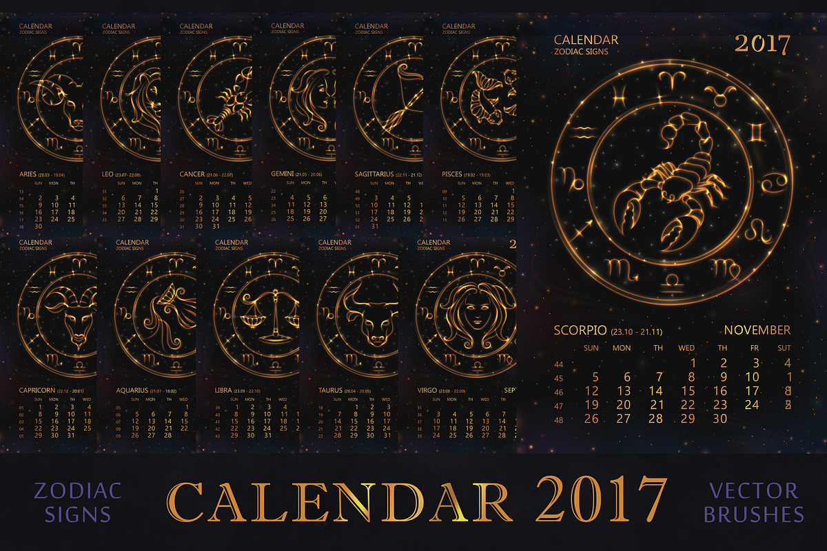 SET / 2017 CALENDAR / golden ZODIACS, an Animal Illustration by Nadin_Lebedeva (Photo 1 of 9)