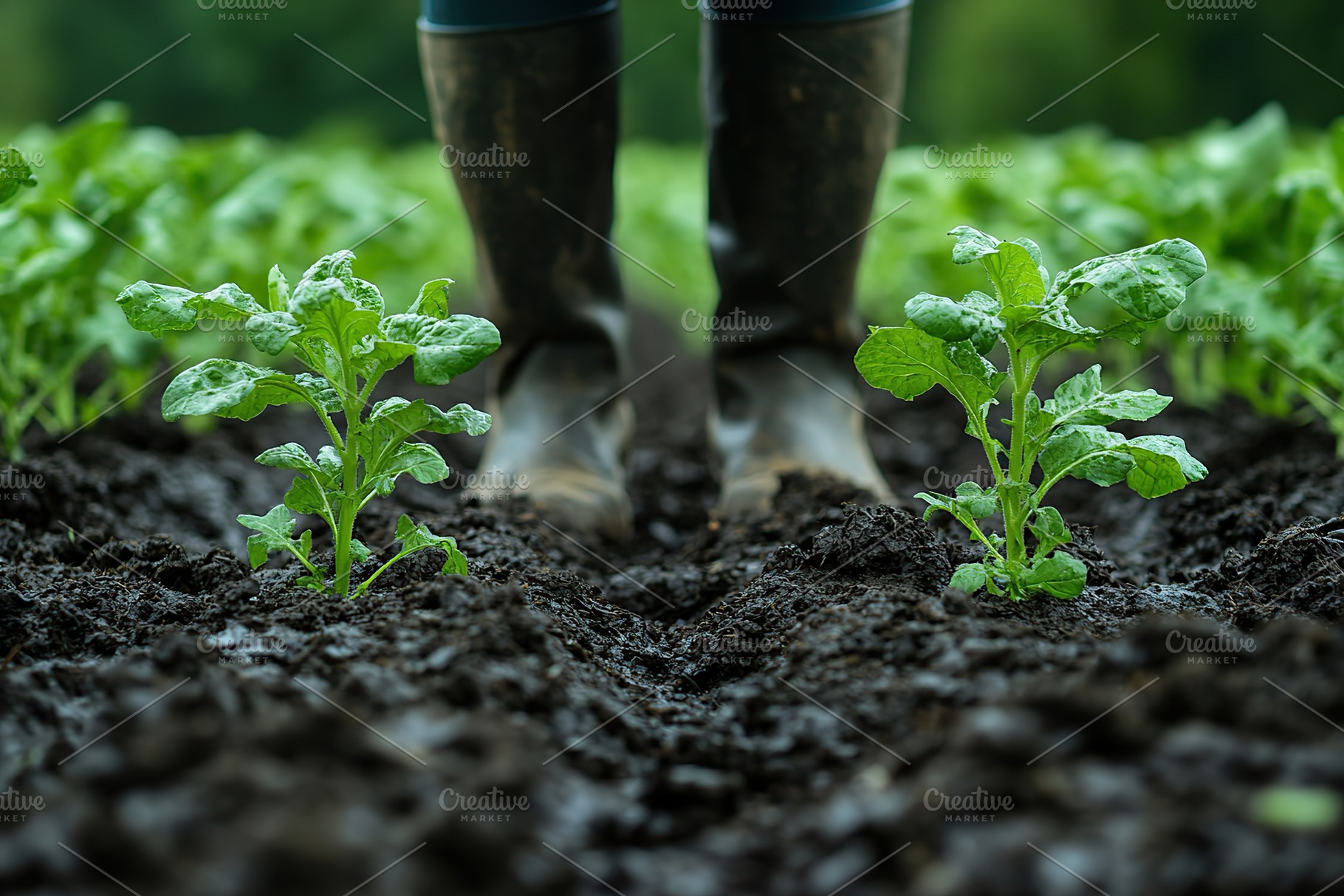 Farmer planting a plant on a field, early spring time, a Photo by AlyaAnd