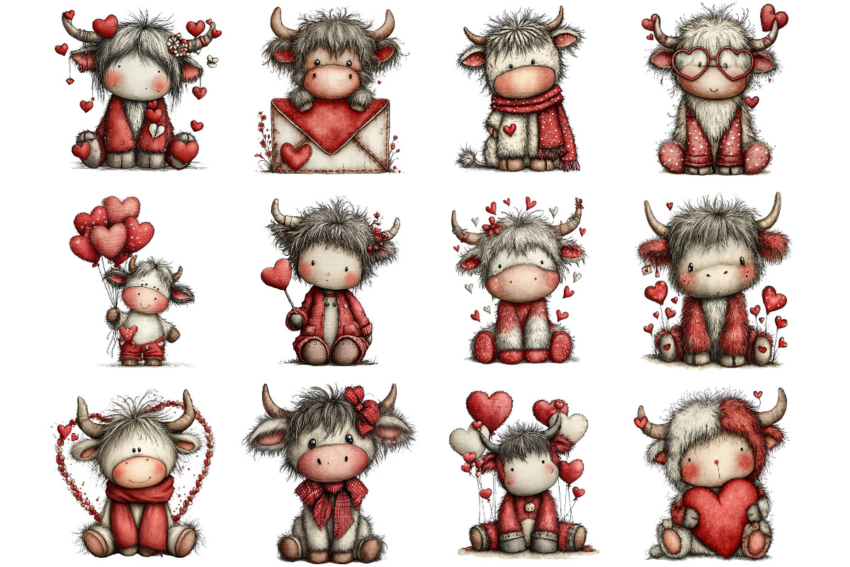 Valentine Cute Highland Cow Clipart, an Illustration by Designking (Photo 2 of 5)