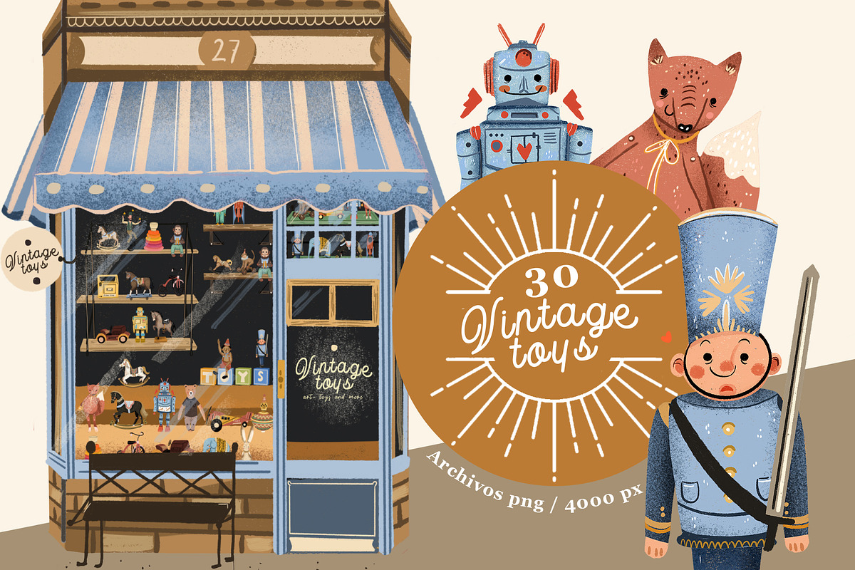 Vintage toys. Hand drawn clipart set, an Illustration by Cocoa studio by Eliza M (Photo 1 of 8)