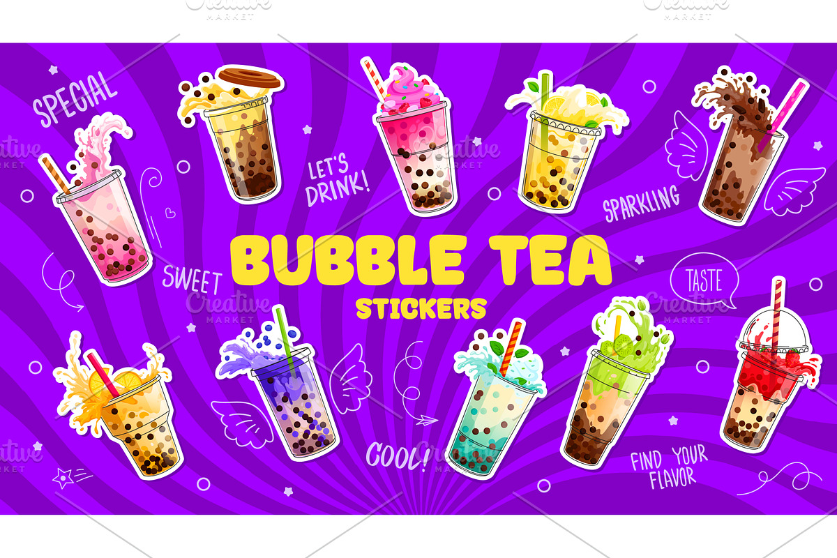 Milk bubble tea stickers, a Food Illustration by Vector Tradition