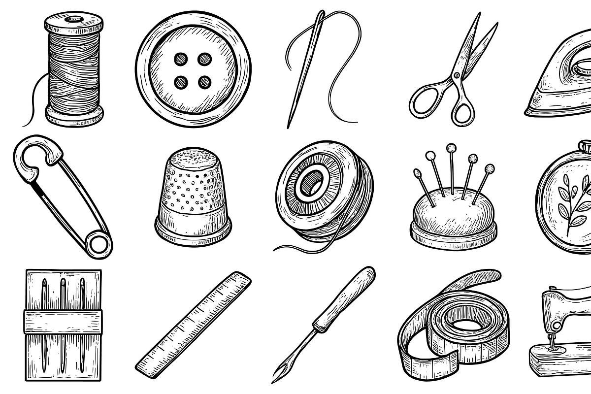 HandDrawn Sewing Tools Icon Set, an Illustration by Sempu