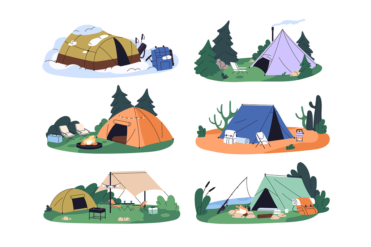 Campsites with camping tents set, a Seasonal Illustration by PaperTrident (Photo 1 of 11)