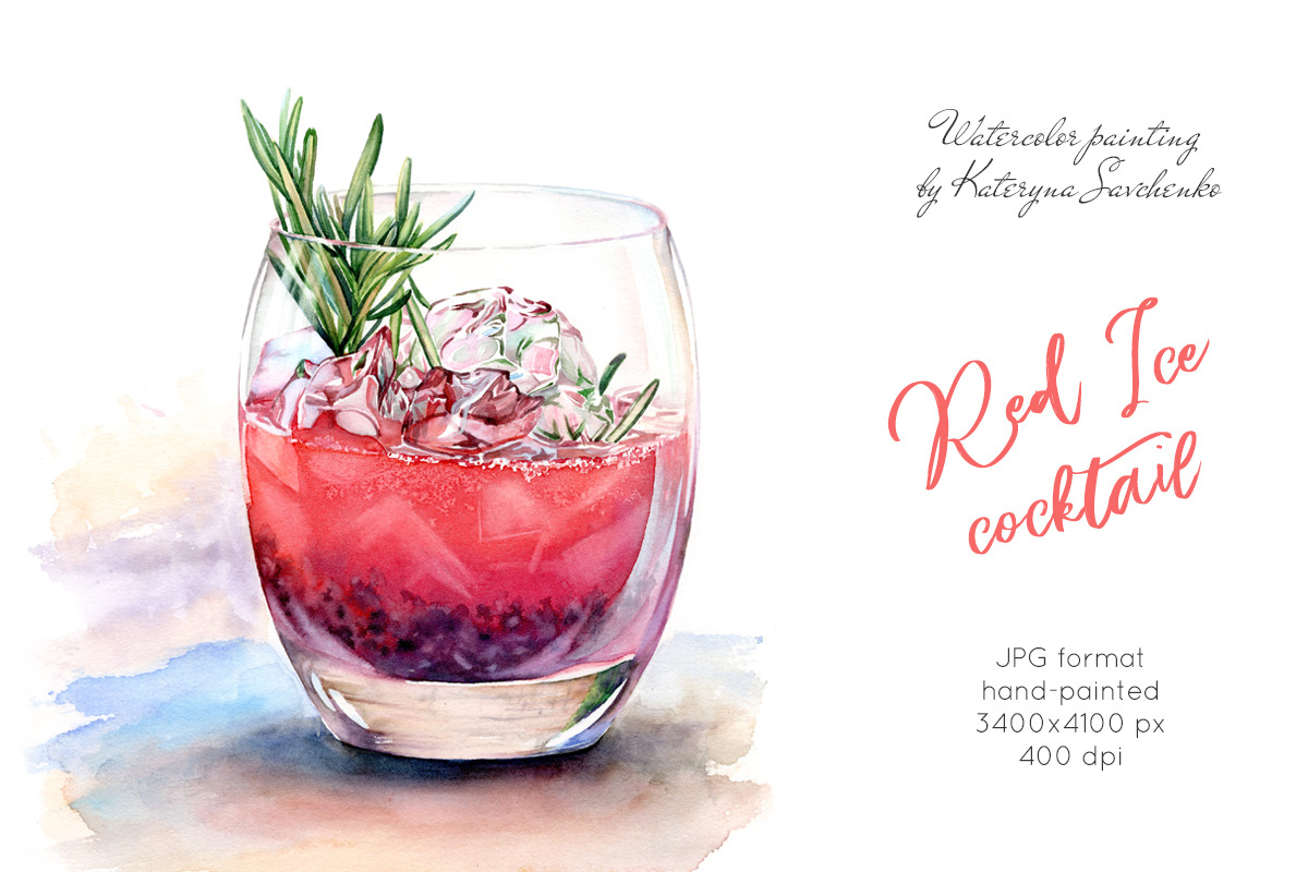 Red Ice Cocktail. Watercolor drink, a Graphic by Akvarelldesign