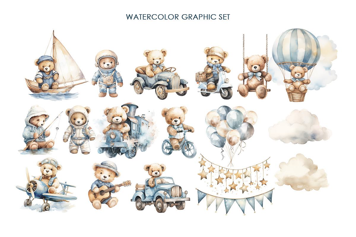 Watercolor blue Teddy bear clipart., an Object Graphic by AquarelleSpace (Photo 2 of 4)