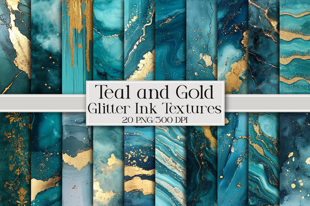 Teal and Gold Glitter Ink Textures, a Pattern Graphic by Libby Wishes (Photo 1 of 5)