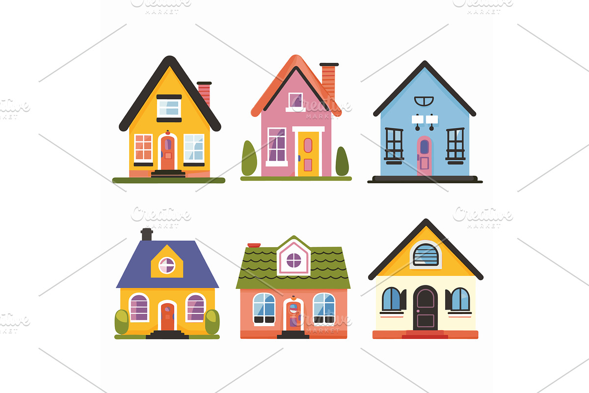 Six cartoon houses colorful facades, an Object Illustration by Vectorstockersland