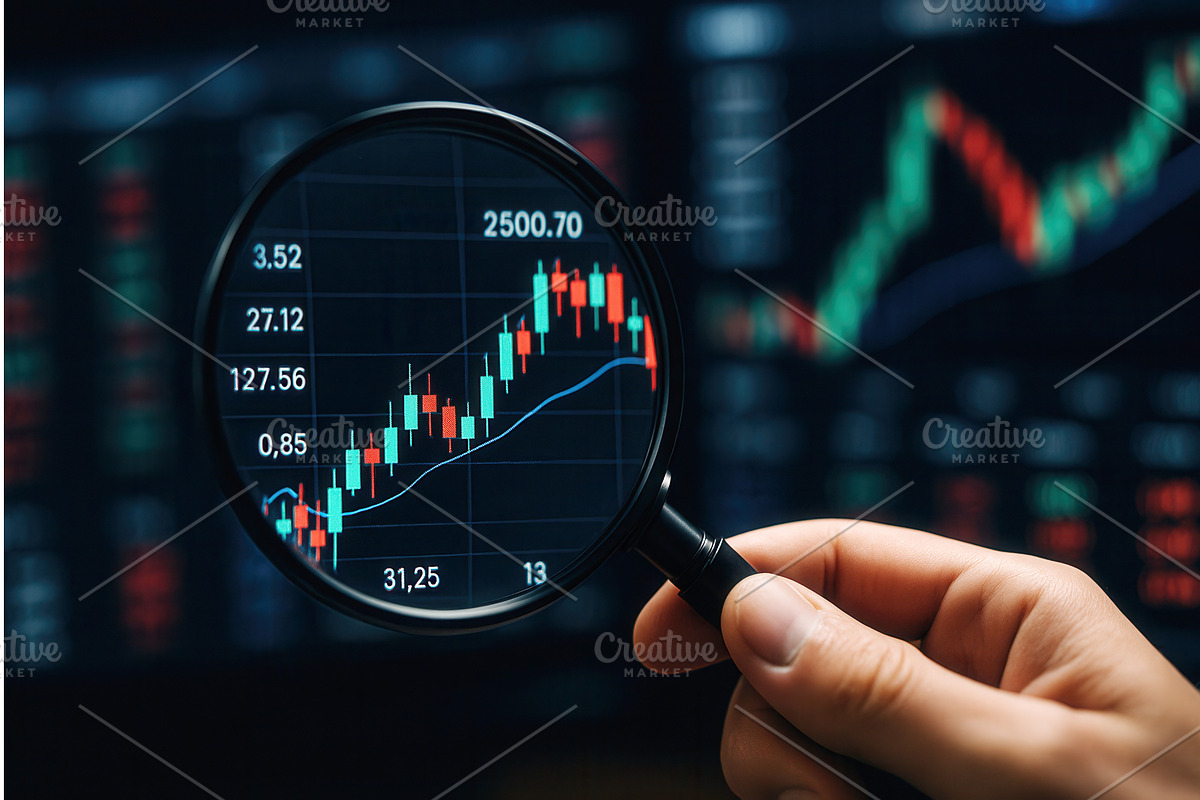 A hand holds a magnifying glass, a Finance Illustration by Sergey Kotenev