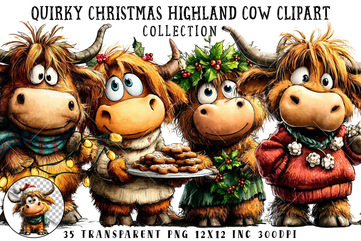 Quirky Christmas Highland Cow Clipar, an Illustration by OK Design (Photo 1 of 6)