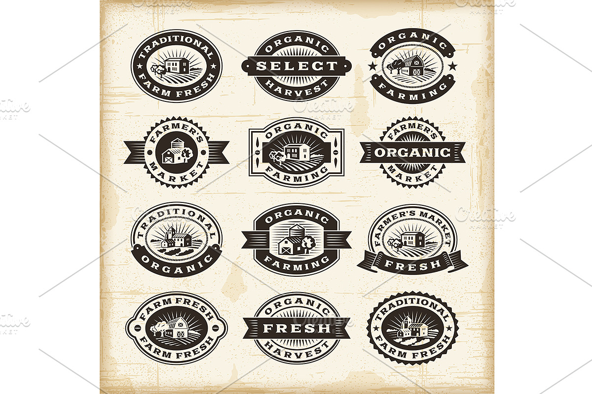 Vintage Organic Farming Stamps Set, a Texture Illustration by Retro Graphics (Photo 2 of 2)