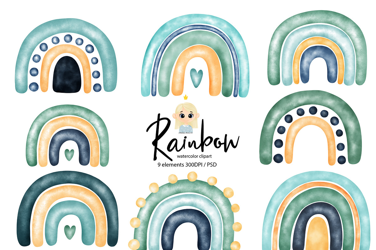Watercolor blue rainbow clipart, an Illustration by Natalya_Mona_Art (Photo 1 of 3)
