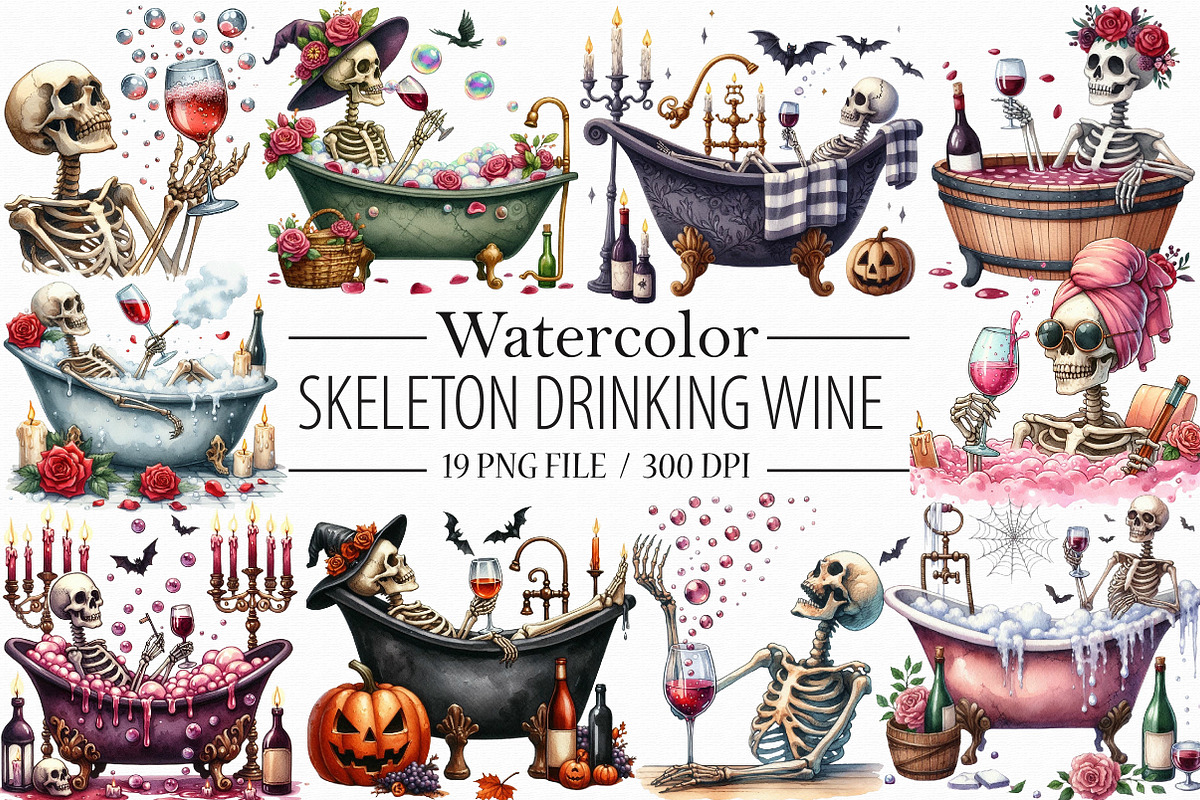 Skeleton Drinking Wine Clipart PNG, an Illustration by Libby Wishes (Photo 1 of 5)