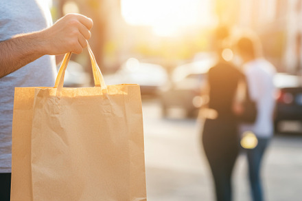 Brown paper bag held on city street,, a Photo by Dvoevnore photos