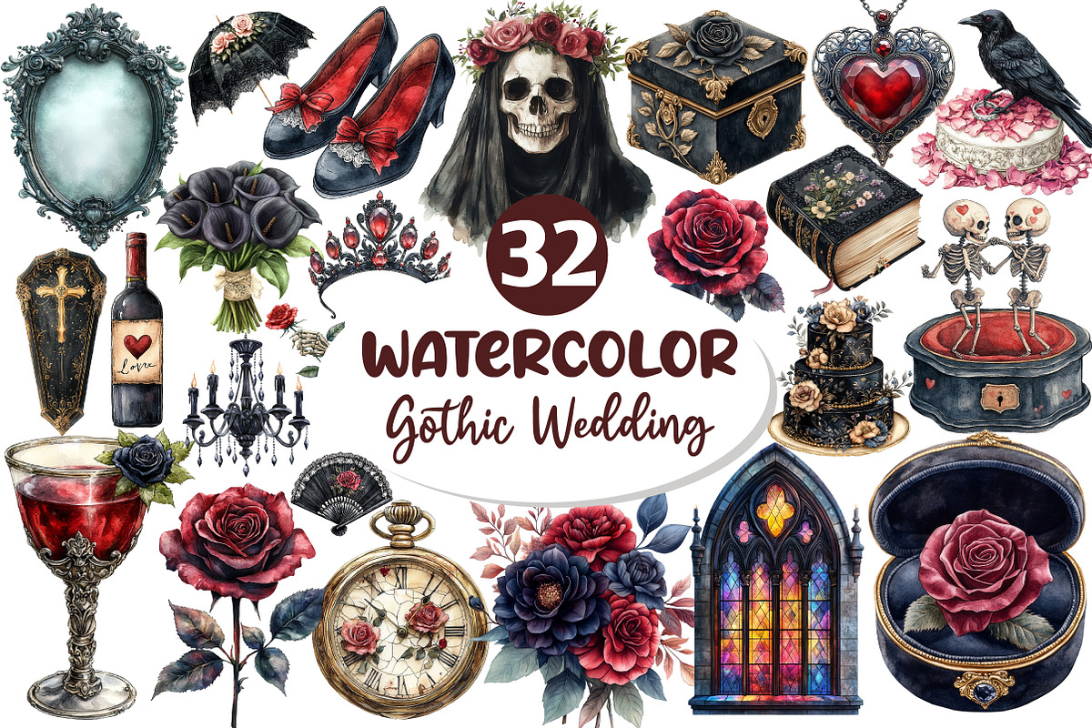 Watercolor Gothic Wedding Clipart, an Illustration by Dream Creation (Photo 1 of 7)
