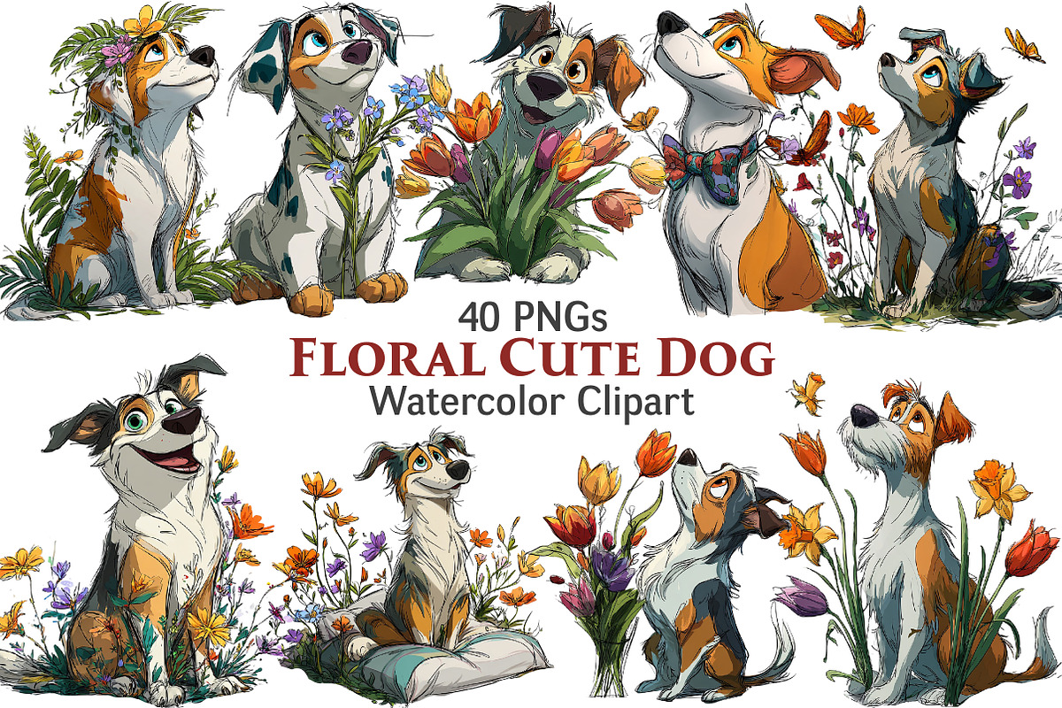 Floral Cute Dog Clipart, an Illustration by Pixels.Craft (Photo 1 of 5)