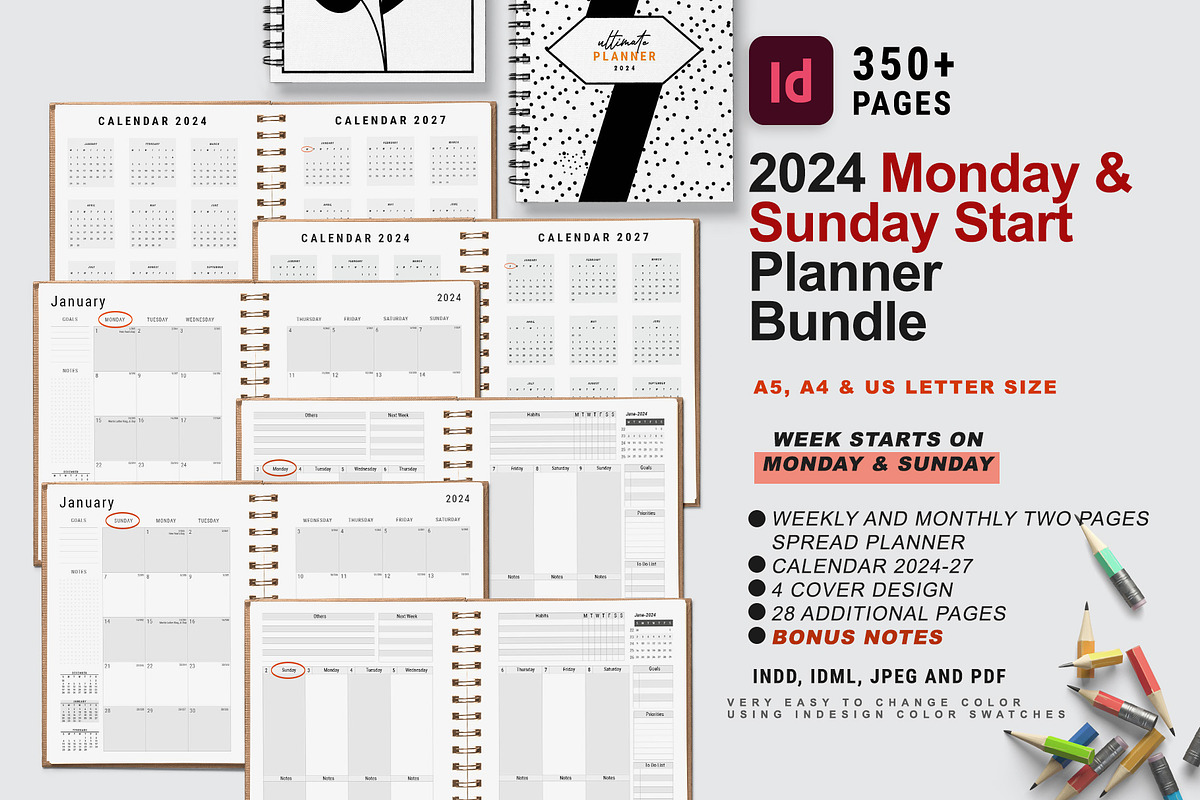2024 Monday & Sunday Starts planner, a Stationery Template by MNT-Creator (Photo 1 of 10)