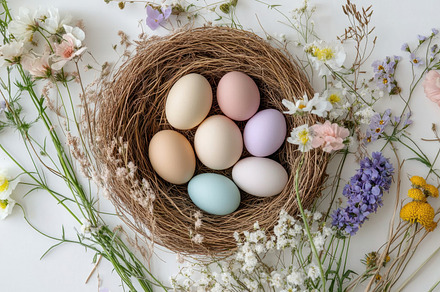 Colorful eggs in a floral nest, a Photo by Beautiful things
