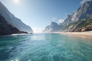 Serene beach with turquoise water and rocky mountains, a Nature Photo by AlyaAnd