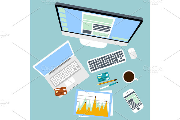 Top view of workplace with computer preview 2