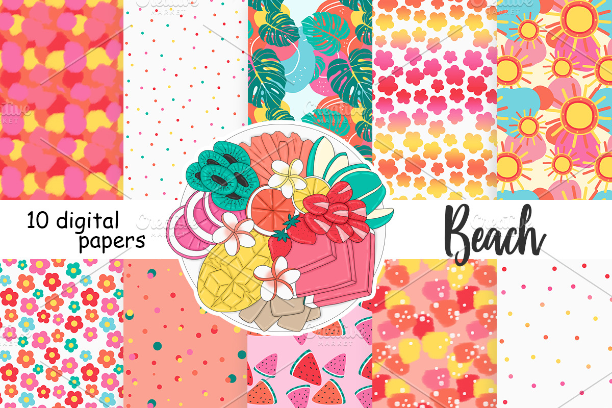 Beach Digital Paper | Flowers Paper, a Pattern Graphic by GlamArtZhanna