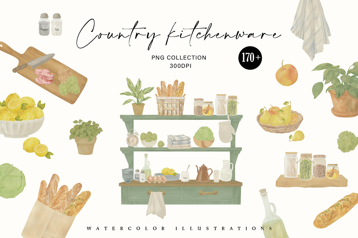 Country Kitchenware Watercolor Set, a Decorative Illustration by Sunshine Art (Photo 1 of 16)