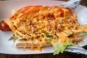 Fast food hot dog street meal sausage served paper, a Food & Drink Photo by Photo Drive Studio