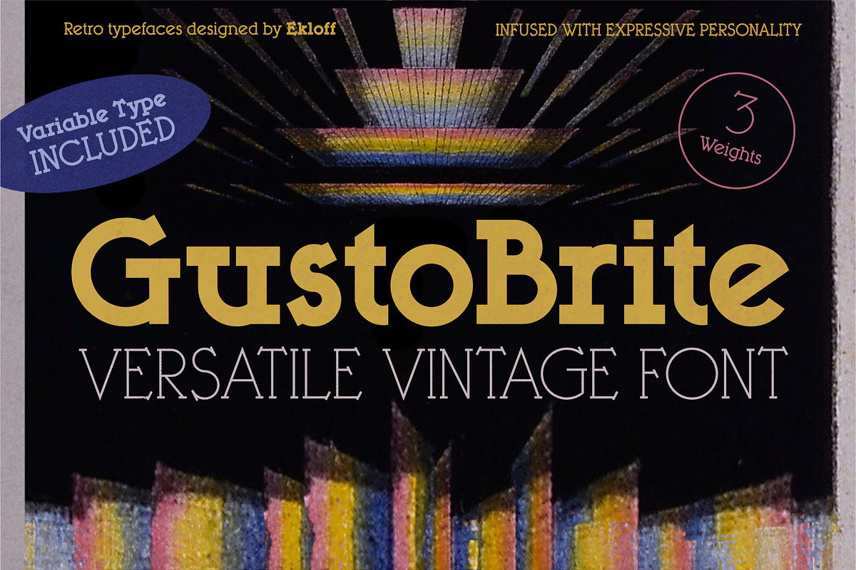 GustoBrite Family: retro slab fonts, a Slab Serif Font by Ekloff (Photo 1 of 7)