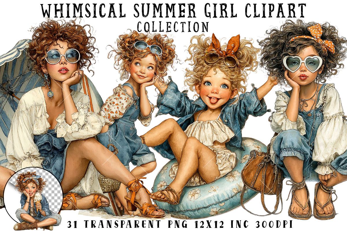 Whimsical Summer Girl Clipart, an Illustration by OK Design (Photo 1 of 6)