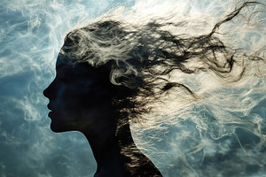 Silhouette of a woman with flowing hair in ethereal mist, an Abstract Photo by AlyaAnd