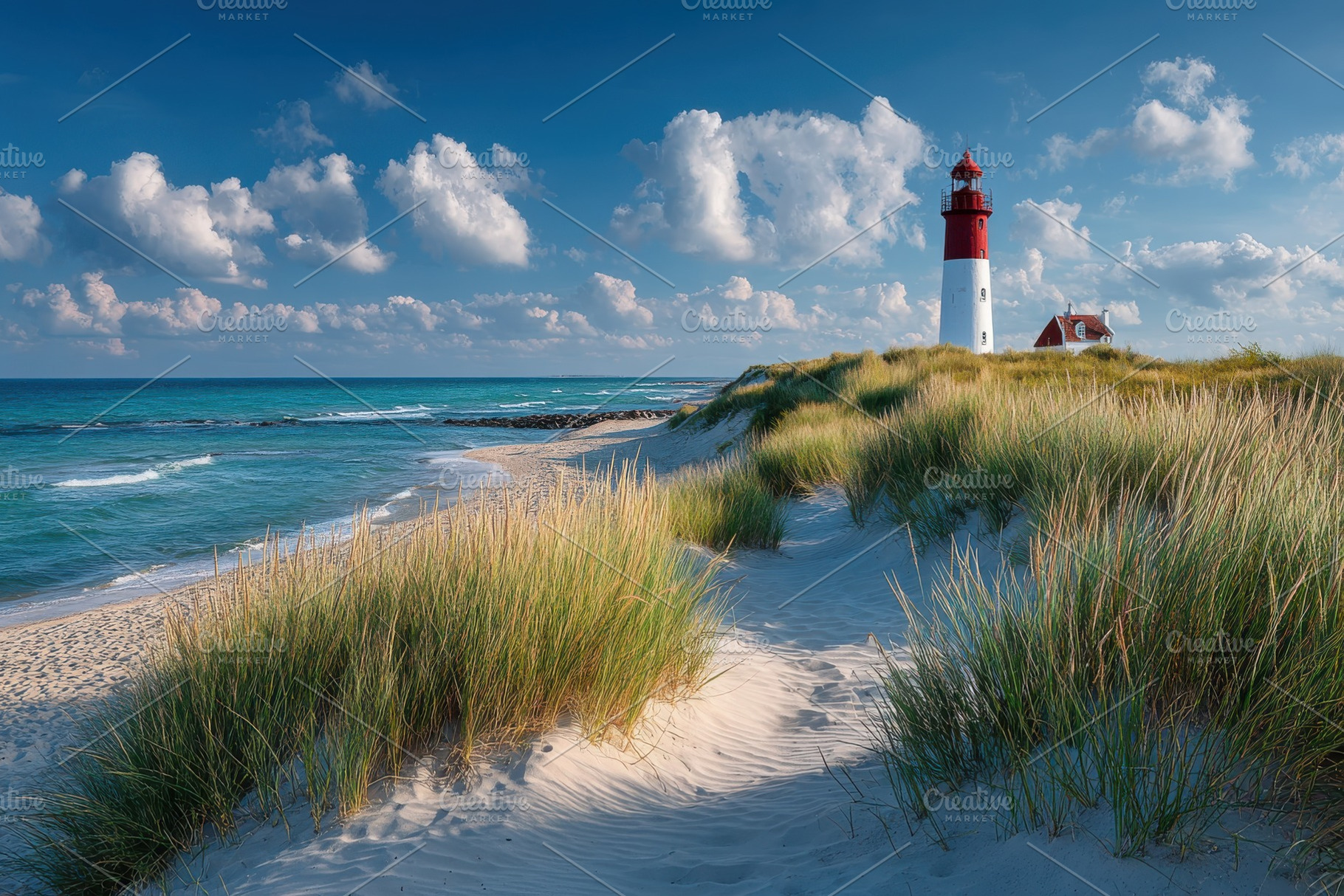 Red and white lighthouse on sandy be, a Photo by Pixeness Studio