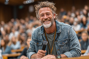 Smiling male lecturer engaging with students during an interactive classroom se, a Photo by AS photostudio