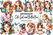 Cute Girl and Butterflies Clipart, an Illustration by DreamArtGraphic (Thumbnail 1 of 6)